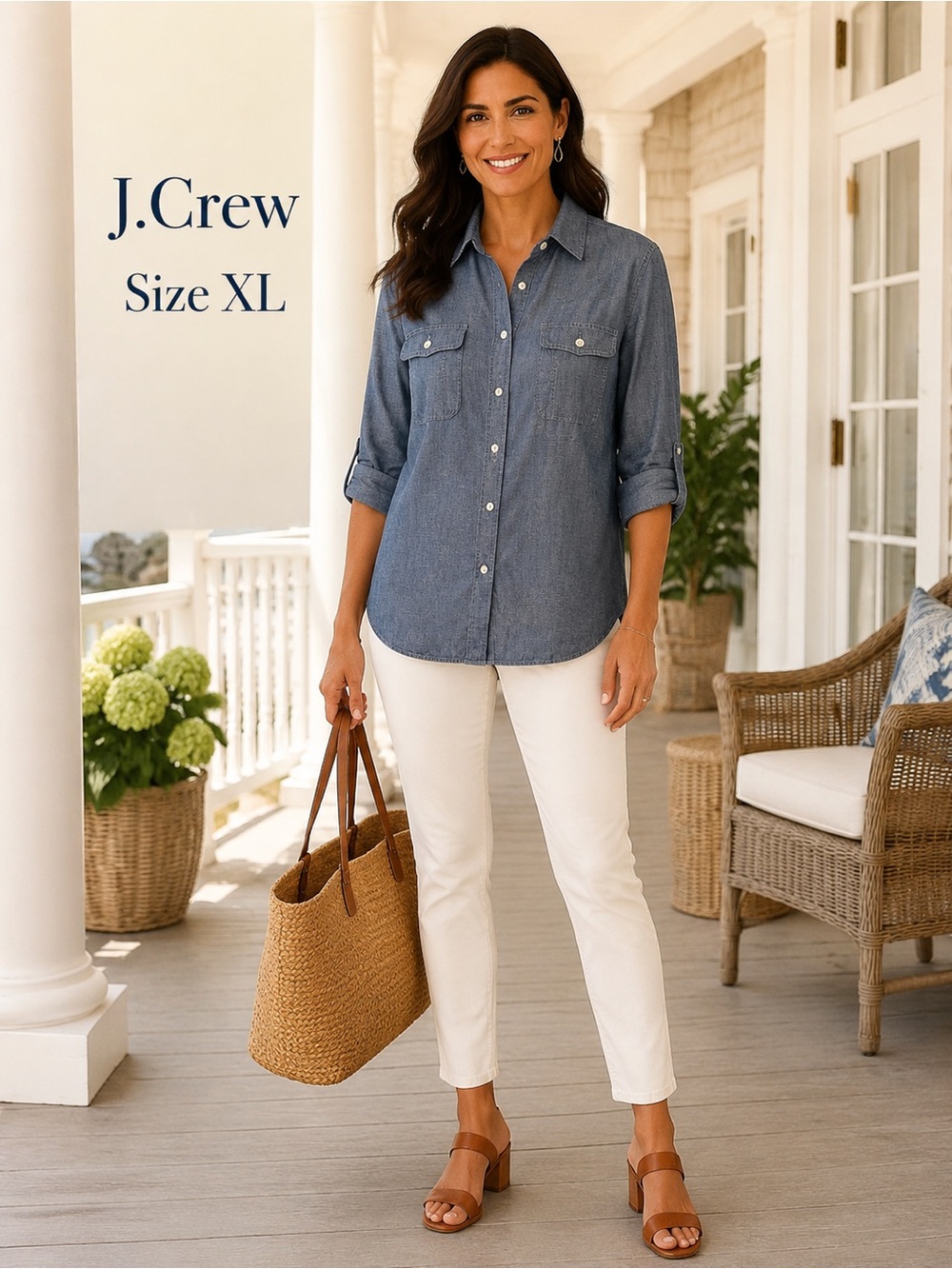 J.Crew Chambray Button Down Shirt Blue Cotton Roll Tab Sleeve XL